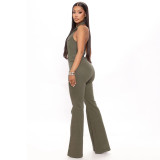Women Denim Stretch Sexy Backless Turndown Collar Cargo Jumpsuit