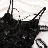 Women Lace-up See-Through Mesh pleated lace jumpsuit sexy lingerie