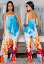 Women Printed Strapless Top and Long Pants Two-Piece Set