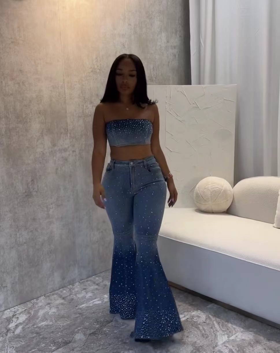 Women Beaded Denim Strapless Crop Backless Top and Bell Bottom trousers two-piece set