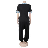 Women Casual Career V-Neck Patchwork Contrast Stretchy Denim Jumpsuit