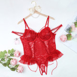 Women Lace-up See-Through Mesh pleated lace jumpsuit sexy lingerie