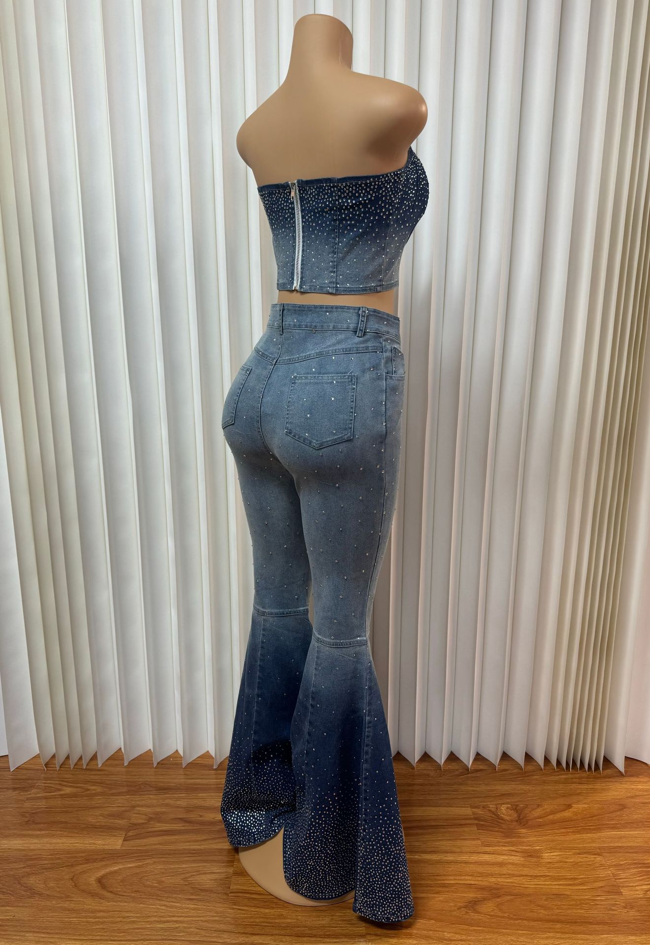 Women Beaded Denim Strapless Crop Backless Top and Bell Bottom trousers two-piece set