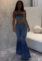 Women Beaded Denim Strapless Crop Backless Top and Bell Bottom trousers two-piece set