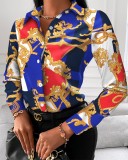 Women Long Sleeve V-neck Colorblock Vintage Shirt Top