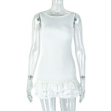 Women Sleeveless Round Neck Solid Career Pleated Mini Dress