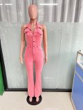 Women Denim Stretch Sexy Backless Turndown Collar Cargo Jumpsuit