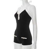 Women's Spring/Summer Halter Neck Low Back Button Fake Pocket Short Slim Waist Jumpsuit