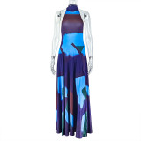 Women's Fashion Print Halter Low Back Sleeveless Color Matching Maxi Dress