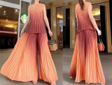 Women's Fashion Pleated Gradient Color Sleeveless Chic Loose Tops Wide-Leg Pants Set