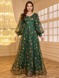 Women's Dubai-Style Front/Back V-Neck Lantern Long Sleeve Embroidered Sequin Evening Dress