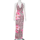 Women's Chic Flower Leopard Print V-neck Low Back Slim Long Dress