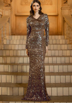Women's Long-Sleeved V-Neck Slim Sequined Formal Evening Dress