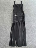 Black Strap Low-Cut Split Tassel Low Back Slim Evening Dress