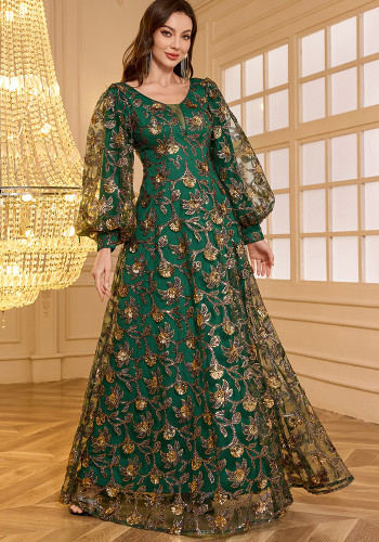 Women's Dubai-Style Front/Back V-Neck Lantern Long Sleeve Embroidered Sequin Evening Dress