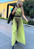 Women's Fashion Pleated Gradient Color Sleeveless Chic Loose Tops Wide-Leg Pants Set