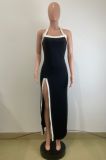 Summer Fashion White Contrast Color High-Slit Halter Neck Dress