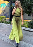 Women's Fashion Pleated Gradient Color Sleeveless Chic Loose Tops Wide-Leg Pants Set