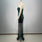 Sexy Strapless Sequin Split Mesh Slim Evening Dress
