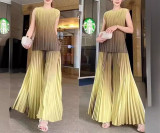 Women's Fashion Pleated Gradient Color Sleeveless Chic Loose Tops Wide-Leg Pants Set