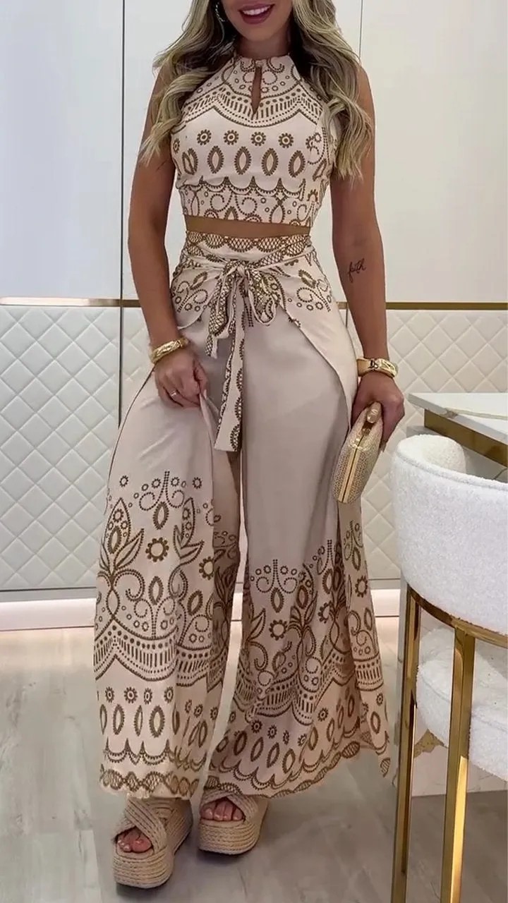Spring/Summer Retro Ethnic Style Halter Neck Top Wide-Leg Pants Two Piece Set
