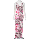 Women's Chic Flower Leopard Print V-neck Low Back Slim Long Dress