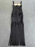 Black Strap Low-Cut Split Tassel Low Back Slim Evening Dress