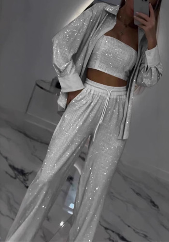 Loose Casual Sequined Strapless Top Jacket Wide-Leg Pants Three-Piece Set
