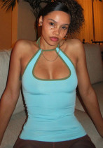 Women's Summer Contrast Color Halter Neck Hollow Low Back Casual Vest Top Women's Summer Contrast Color Halter Neck Hollow Low Back Casual Vest Top