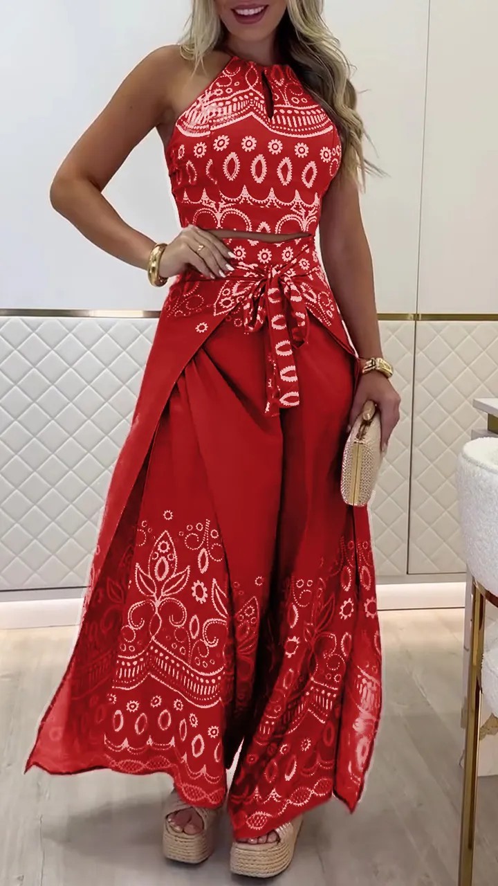 Spring/Summer Retro Ethnic Style Halter Neck Top Wide-Leg Pants Two Piece Set
