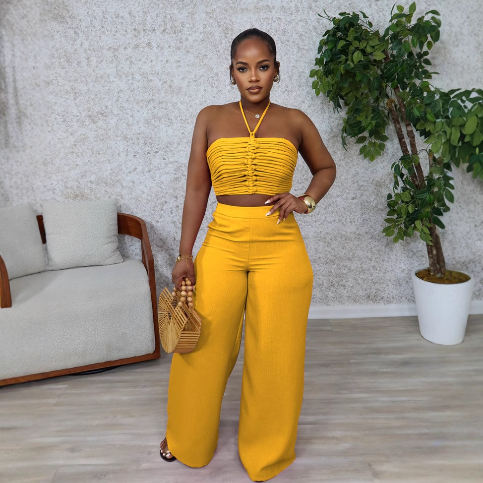 Halter Drawstring Top High-Waist Side-Zipper Loose Pants Two-Piece Set