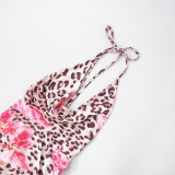 Women's Chic Flower Leopard Print V-neck Low Back Slim Long Dress