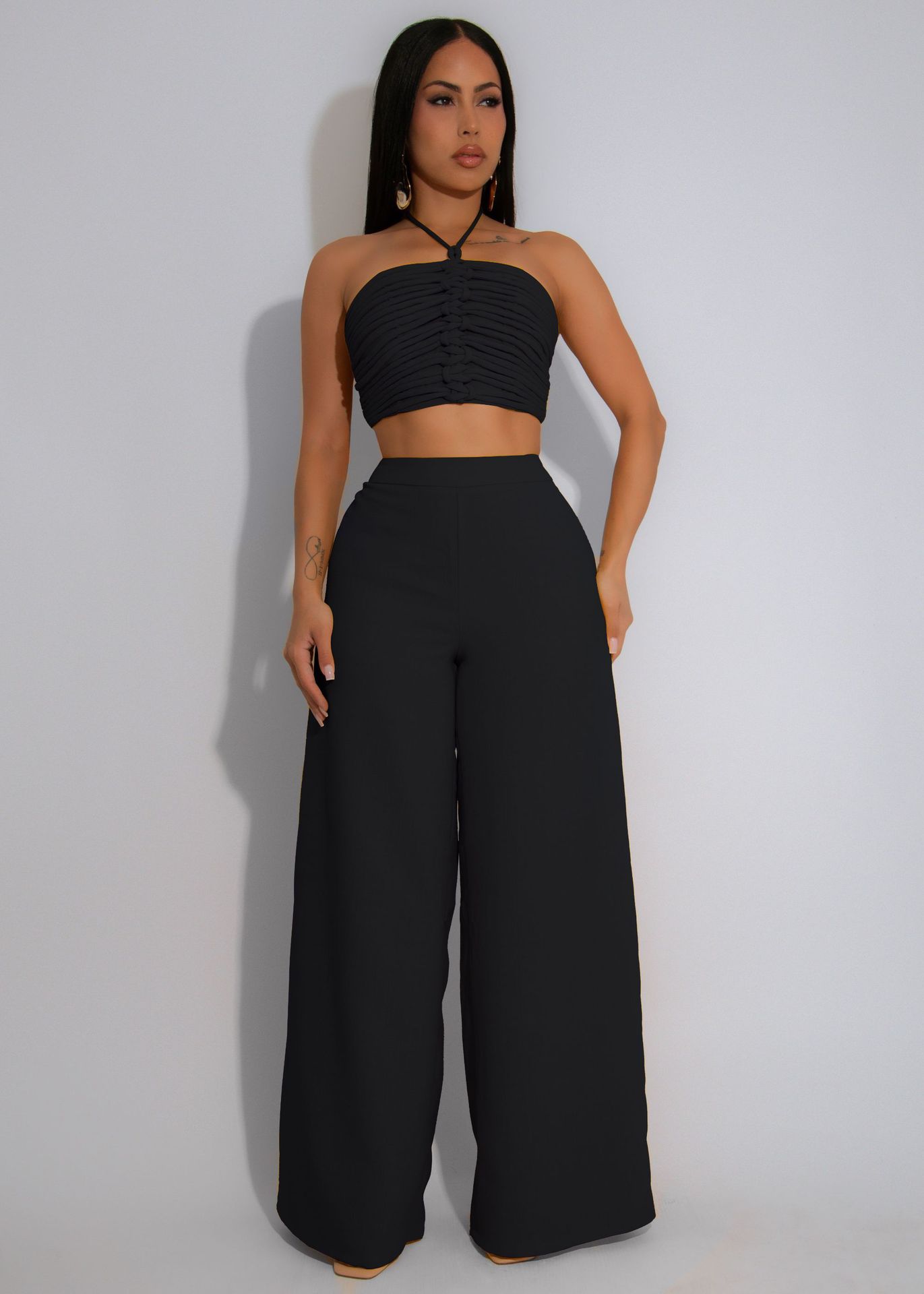 Halter Drawstring Top High-Waist Side-Zipper Loose Pants Two-Piece Set