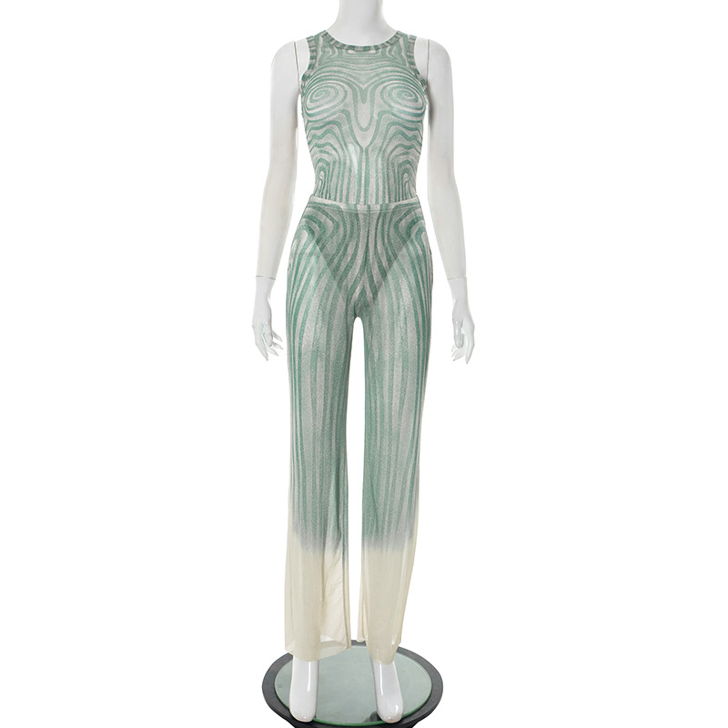 Women's Slim Geometric Pattern Print Round Neck Sleeveless Bodysuit Wide-Leg Pants Two Piece Set
