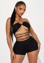 Women's Spring/Summer Beaded Cross Lace-Up Halter Neck Hollow Mesh Low Back Jumpsuit