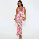 Women's Chic Flower Leopard Print V-neck Low Back Slim Long Dress