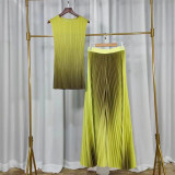 Women's Fashion Pleated Gradient Color Sleeveless Chic Loose Tops Wide-Leg Pants Set
