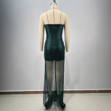 Sexy Strapless Sequin Split Mesh Slim Evening Dress