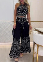 Spring/Summer Retro Ethnic Style Halter Neck Top Wide-Leg Pants Two Piece Set