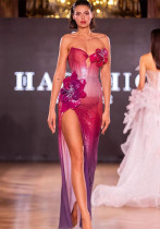 Sexy Flower Sequin Strapless High Split Slim Evening Dress