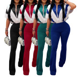 Women's Summer Short Sleeve Patchwork Contrast Color Flared Sports Jumpsuit