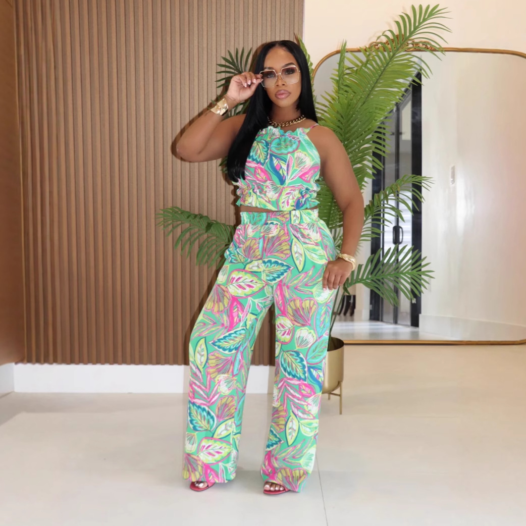 Women's Fashion Print Halter Neck Vest High-Waist Pants Two-Piece Set