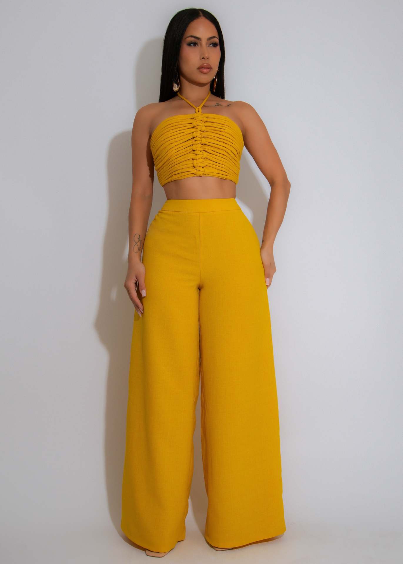 Halter Drawstring Top High-Waist Side-Zipper Loose Pants Two-Piece Set