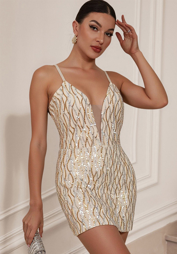 Sexy Sequined Strap V-neck Backless Women's Party Dress