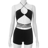 Women's Spring/Summer Beaded Cross Lace-Up Halter Neck Hollow Mesh Low Back Jumpsuit