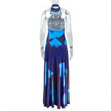Women's Fashion Print Halter Low Back Sleeveless Color Matching Maxi Dress