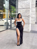 Summer Fashion White Contrast Color High-Slit Halter Neck Dress