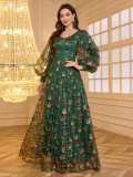 Women's Dubai-Style Front/Back V-Neck Lantern Long Sleeve Embroidered Sequin Evening Dress