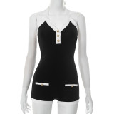 Women's Spring/Summer Halter Neck Low Back Button Fake Pocket Short Slim Waist Jumpsuit