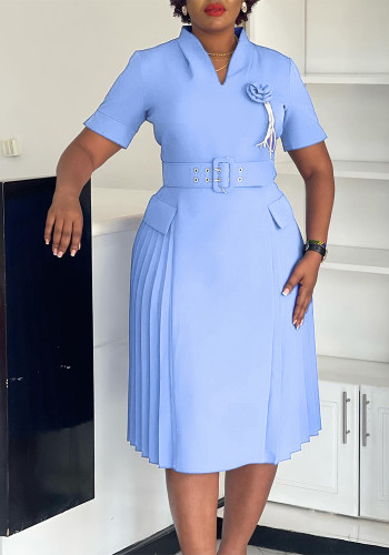 Women's Fashion Chic V-Neck Solid Color Plus Size Pleated High-Waist African Dress